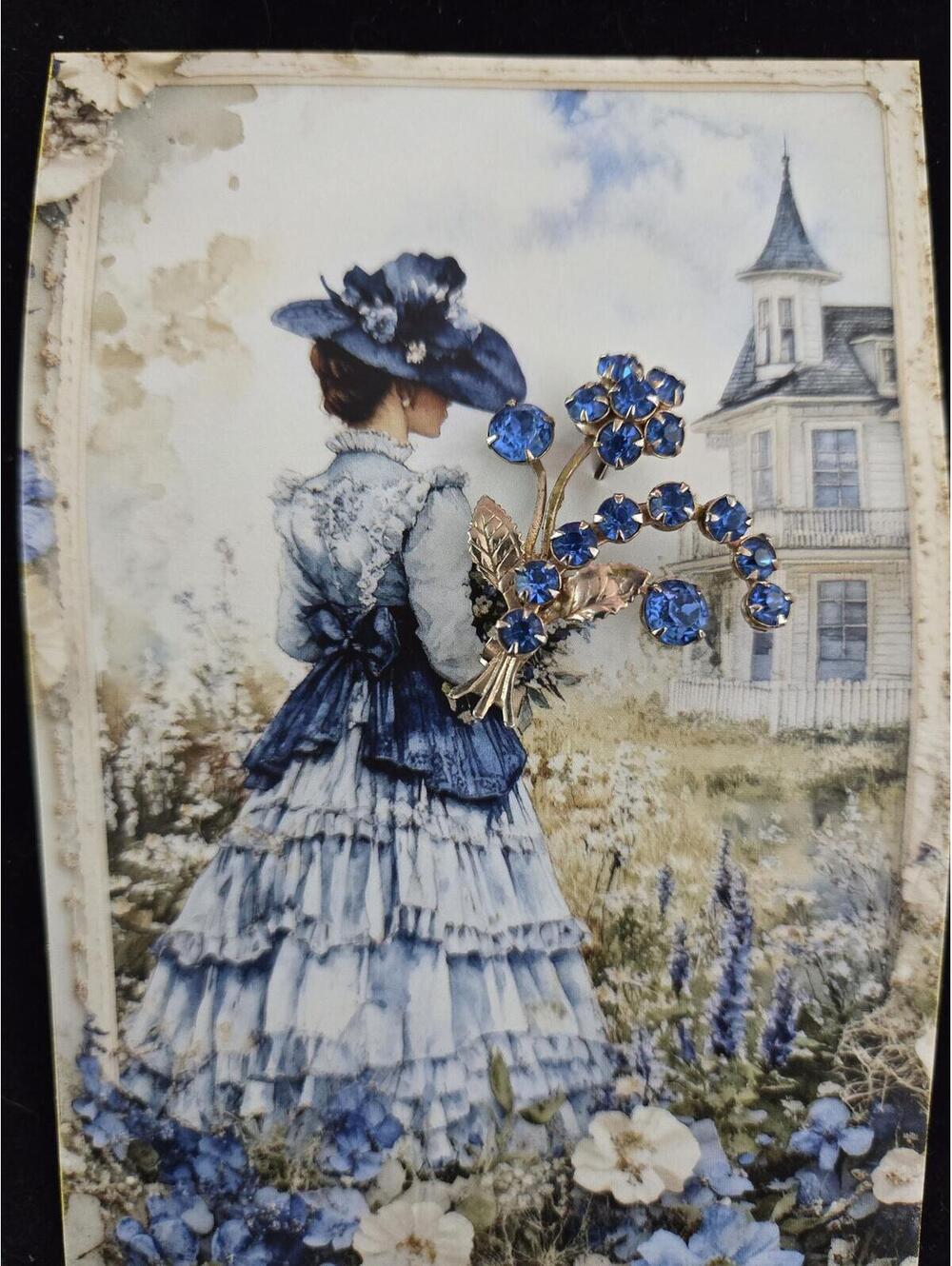Vintage Blue Rhinestone Floral Brooch Pin & Card set